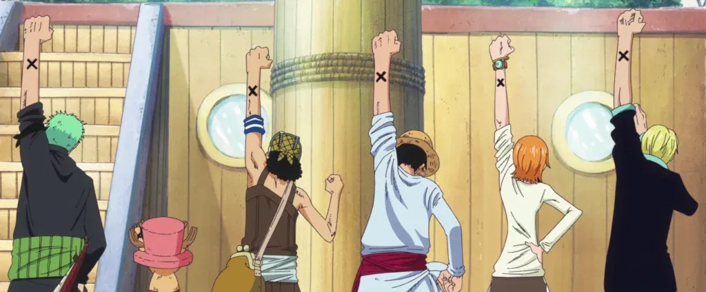 Luffy and his crew showing their X mark of friendship to Vivi.