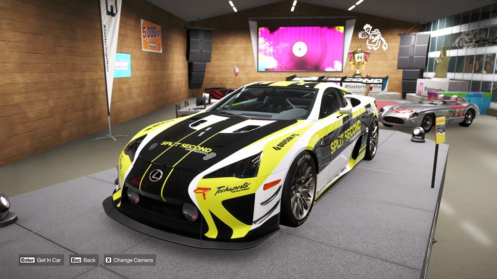 The Lexus LFA Forza Edition displayed in the Forza Horizon 6 garage showroom.