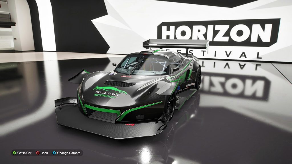 The Lotus Scura Motorsports Exige WTAC car featured in the Forza Horizon 6 garage display area.