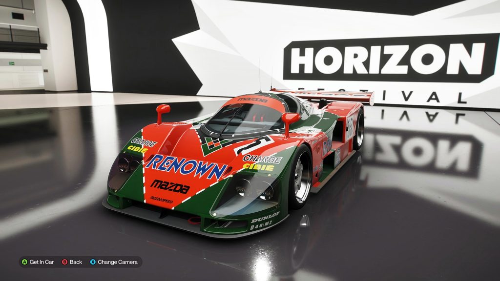 The #55 Mazda 787B race car showcased in the Forza Horizon 6 garage.