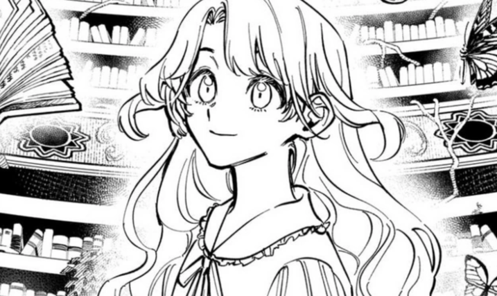 This image features the character Jikishirone from the manga series Ichi the Witch and she is shown in her Magic Circle, a library-like chamber filled with tiered bookshelves and butterflies