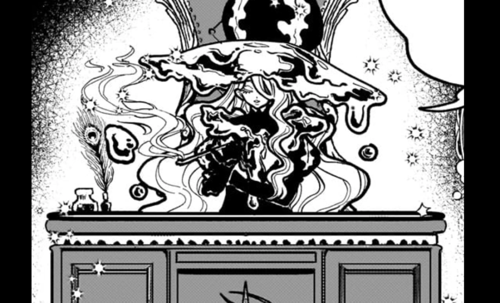 the image features moneygold from ichi the witch in front of a table, casting a spell