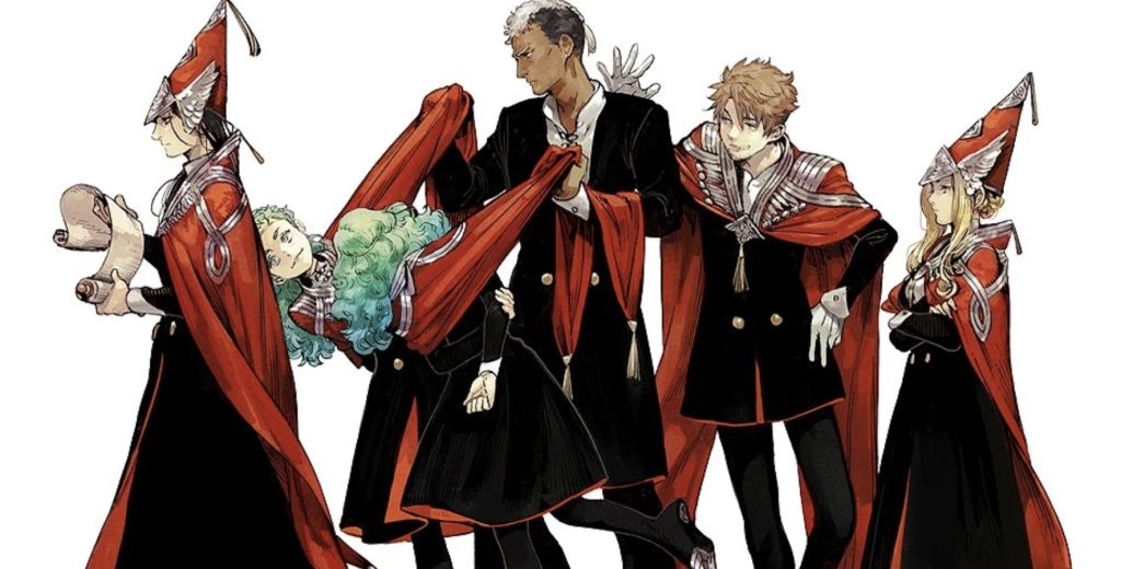 The characters shown are members of the Knights Moralis, including Easthies, Utowin, Luluci, Galga, and Etlan from witch hat atelier