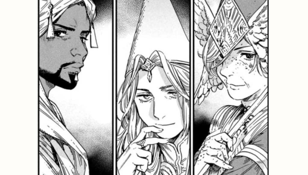 This image features the Three Wise, a group of powerful witches from the manga series Witch Hat Atelier