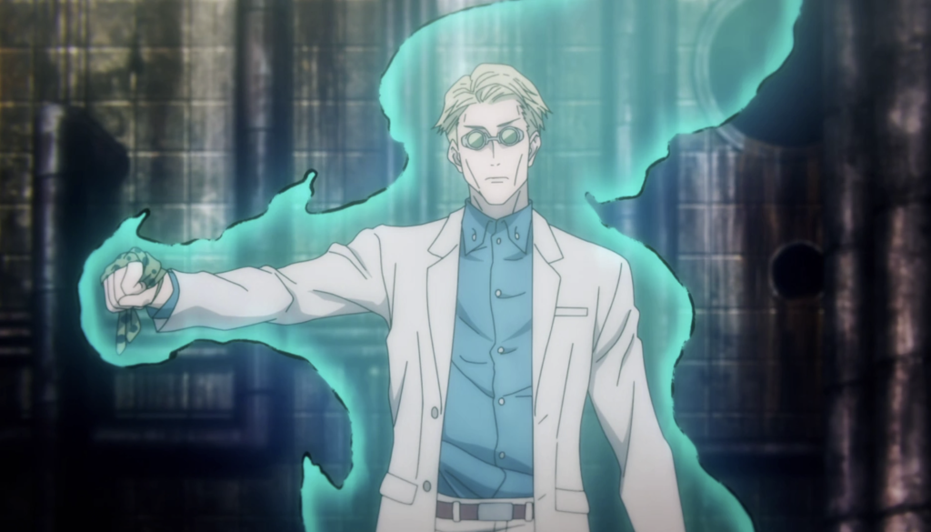 This image features Kento Nanami from the anime series Jujutsu Kaisen and he is activating his Overtime binding vow, which increases his cursed energy output after his official work hours end