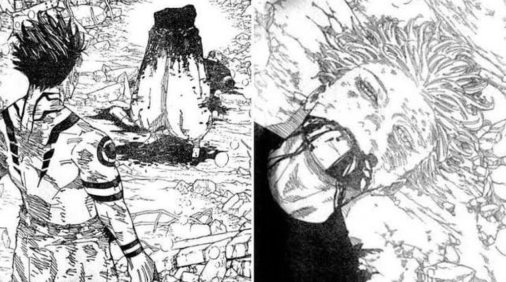 This image depicts a pivotal moment from the manga series Jujutsu Kaisen and ir shows the aftermath of the fight between Satoru Gojo and Ryomen Sukuna
