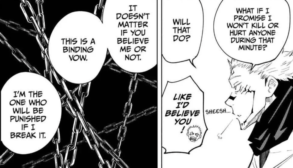 This panel is from Jujutsu Kaisen Chapter 11, featuring a binding vow negotiation between Yuji Itadori and Ryomen Sukuna. Sukuna proposes a vow to temporarily take control of Yuji's body for one minute in exchange for not killing or harming anyone during that time