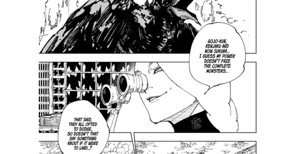 It features the character Mei Mei using binoculars to observe a battle in jujutsu kaisen