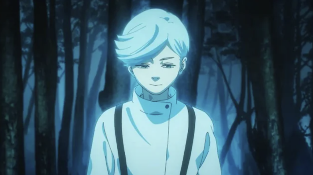 This image features Ui Ui from the anime Jujutsu Kaisen, known for his distinct white hair and blue-tinted appearance in this scene