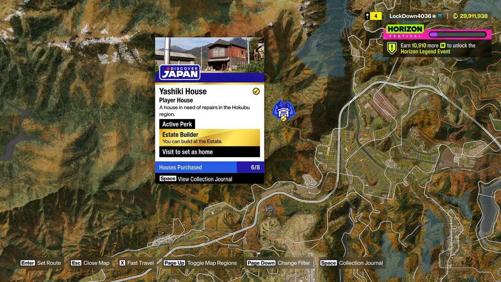 Forza Horizon 6 world map showing Yashiki House location in Hokubu.