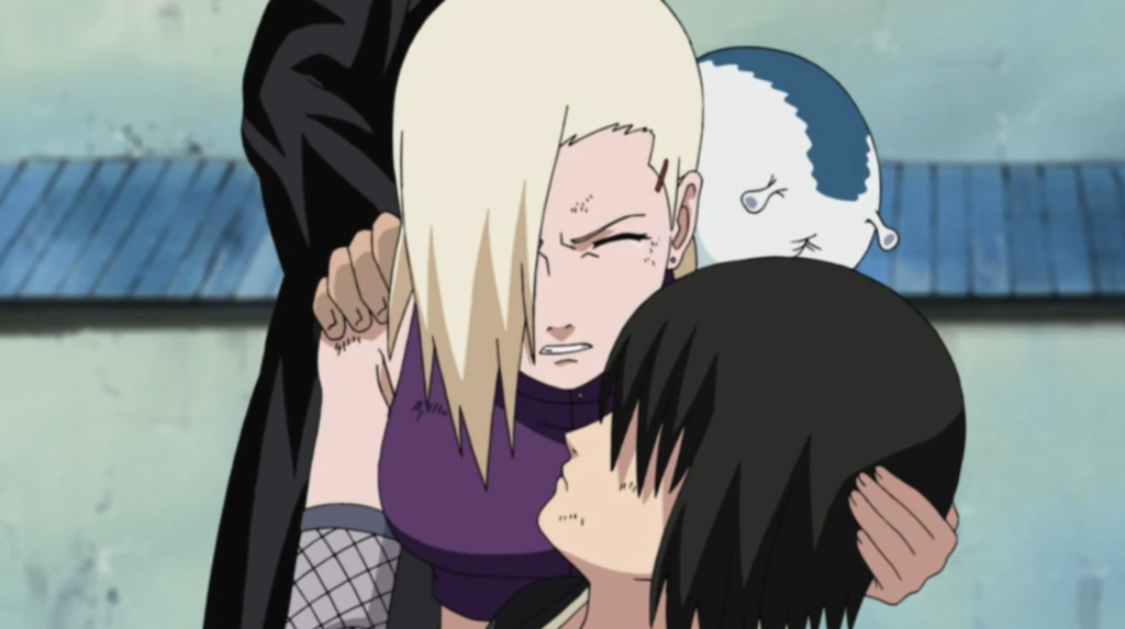 This scene features Ino Yamanaka from the Naruto series holding a wounded Sasuke Uchiha
