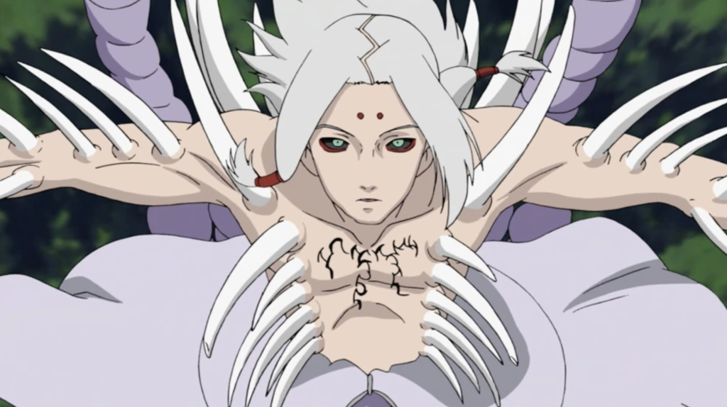 This character is Kimimaro Kaguya from the Naruto series during a battle scene