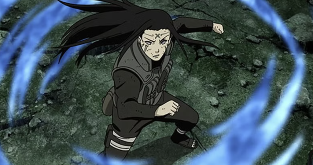 This image features Neji Hyuga from the anime series Naruto Shippuden and he is shown performing his signature defensive technique, Rotation (Kaiten), which releases chakra from his body to form a protective sphere