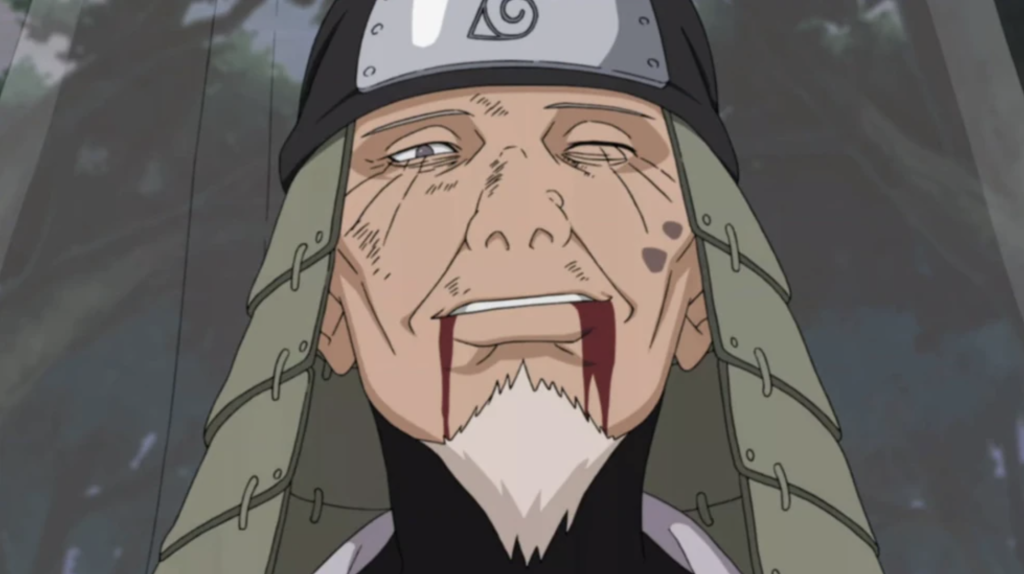 This image depicts Hiruzen Sarutobi, the Third Hokage of the Hidden Leaf Village in the Naruto series, during his final moments