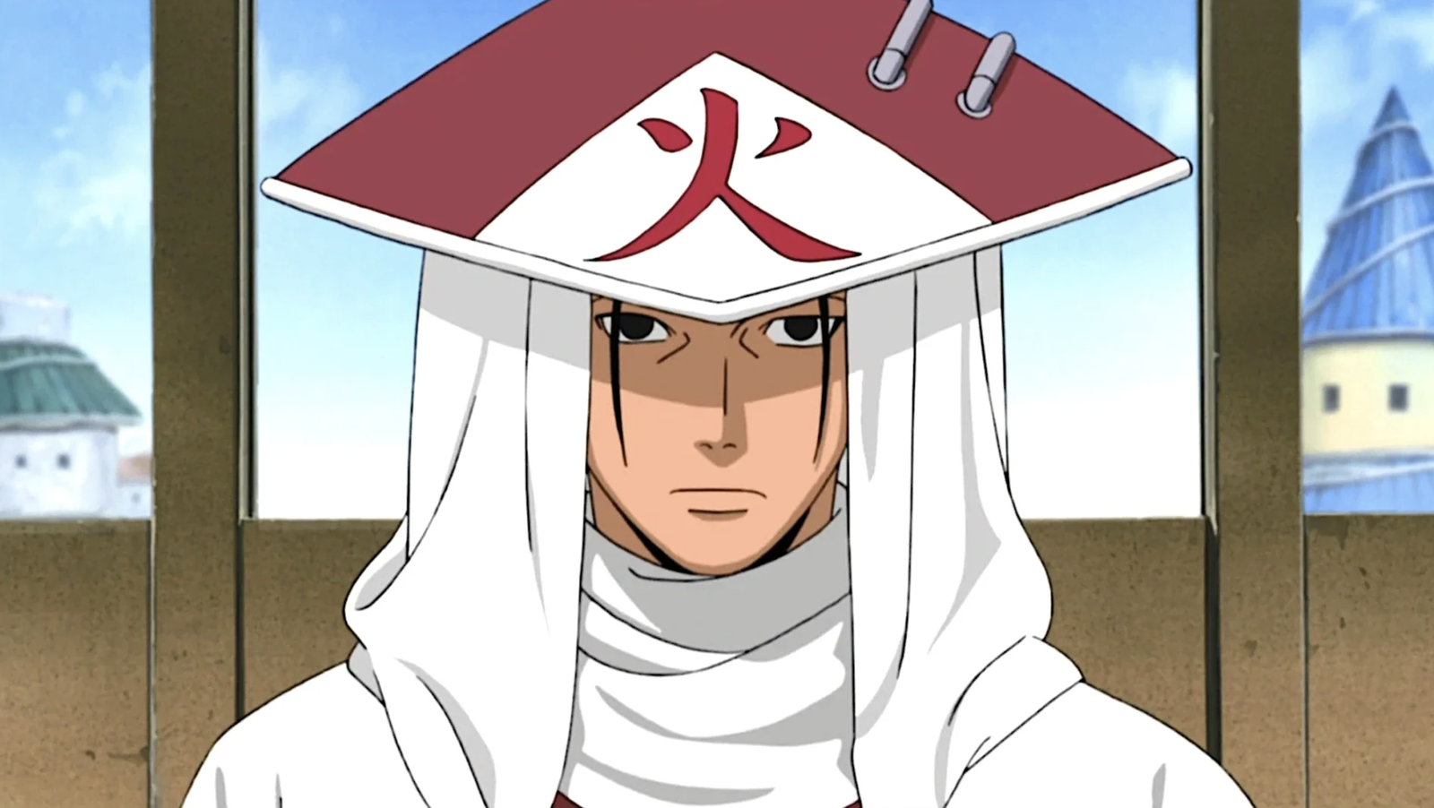 This image features Hashirama Senju, the First Hokage from the Naruto series and he is depicted wearing the traditional white and red Hokage hat which bears the kanji for fire