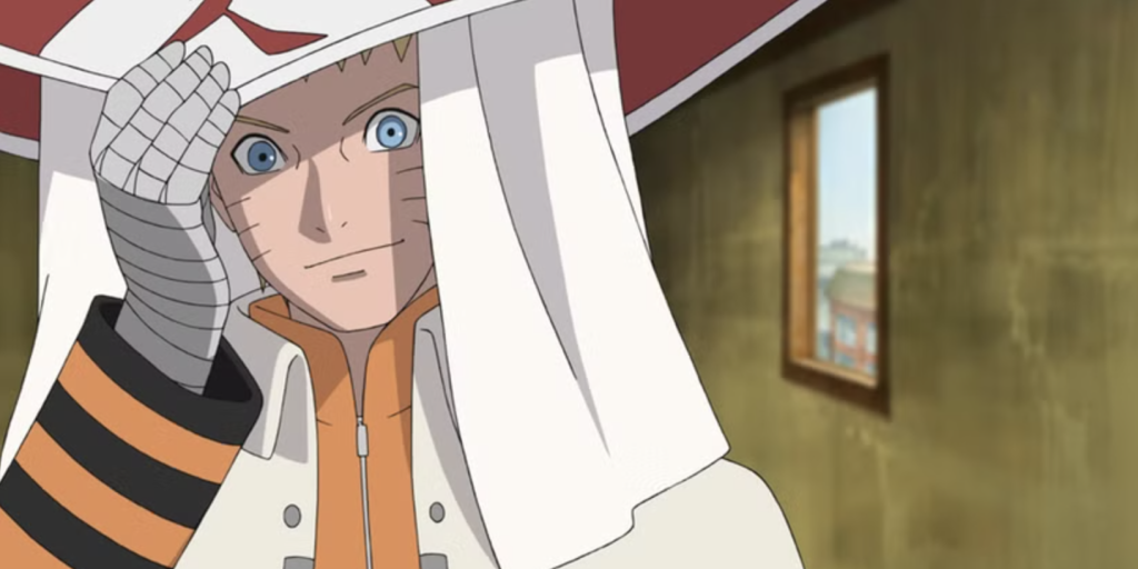 This image features Naruto Uzumaki from the anime series Naruto and he is shown wearing his official white and red Seventh Hokage cloak