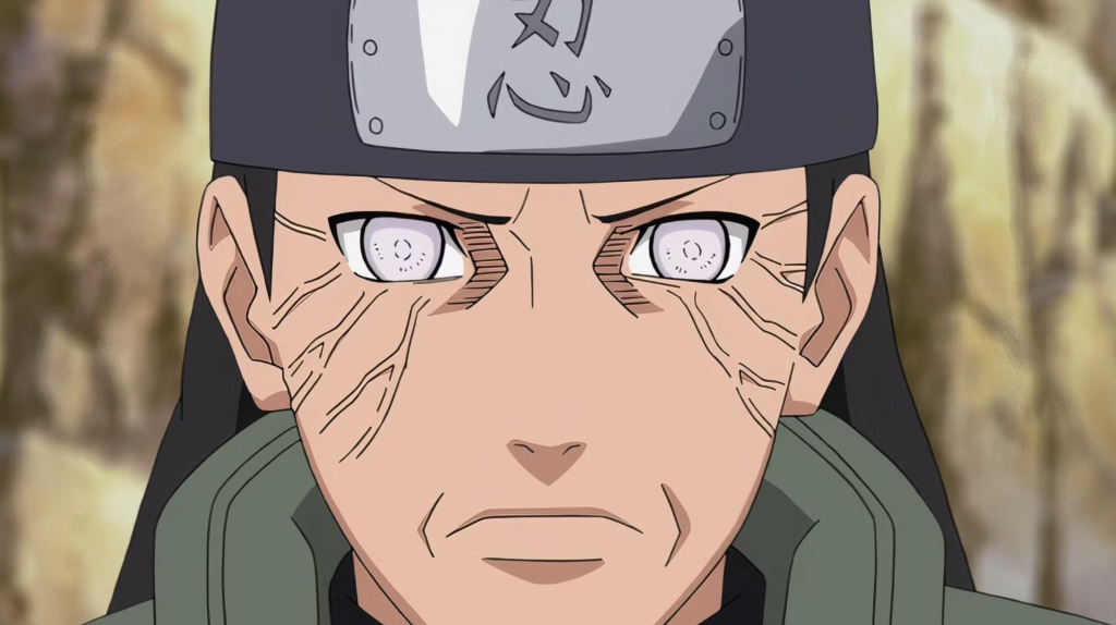 This image shows Hiashi Hyuga from the Naruto series activating his Byakugan dojutsu