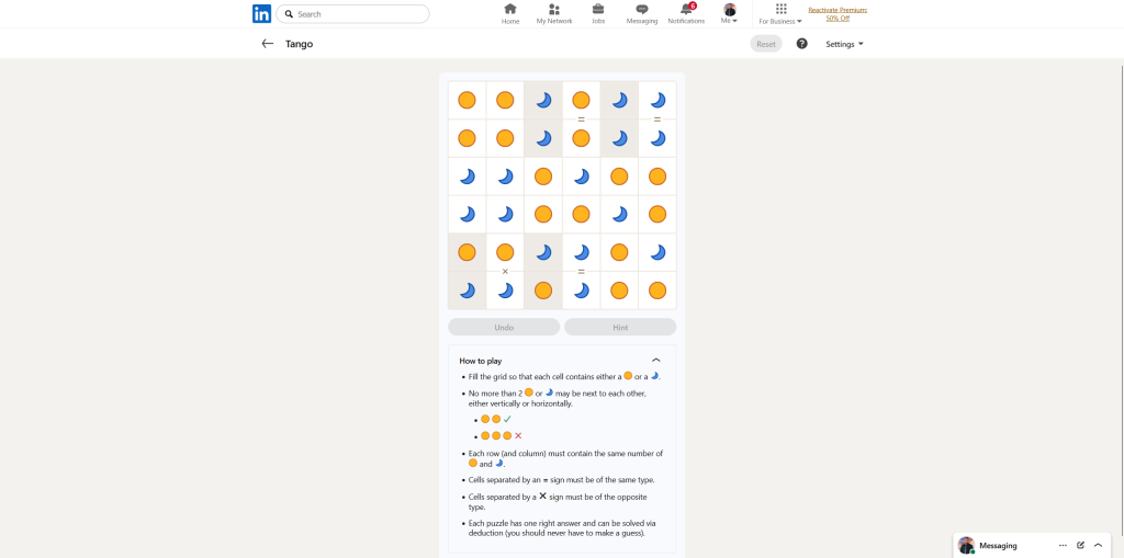 A screenshot of the daily LinkedIn Games puzzle.