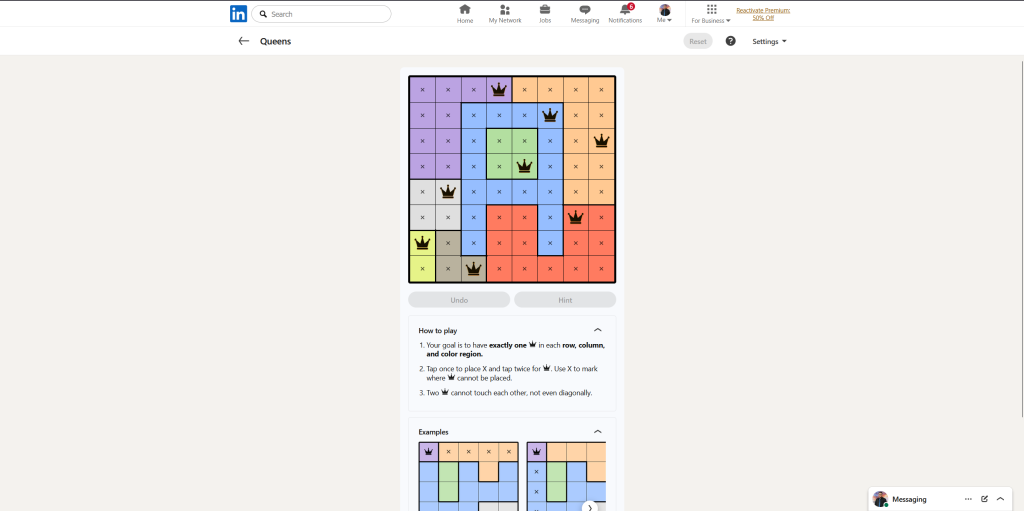 A screenshot of the daily LinkedIn Games puzzle.