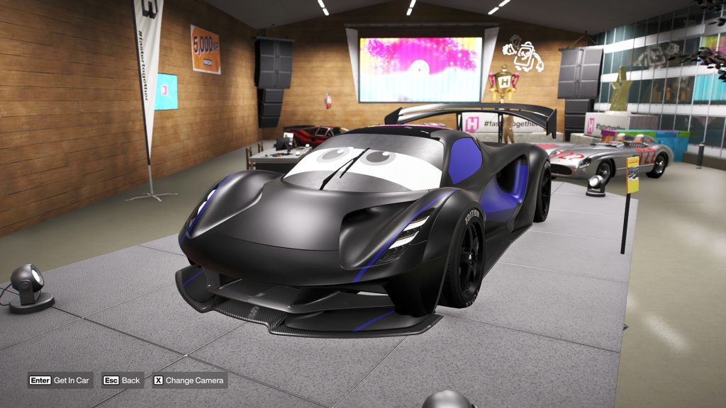 Forza Horizon 6 in-game image highlighting the Lotus Evija Forza Edition in the garage display area.