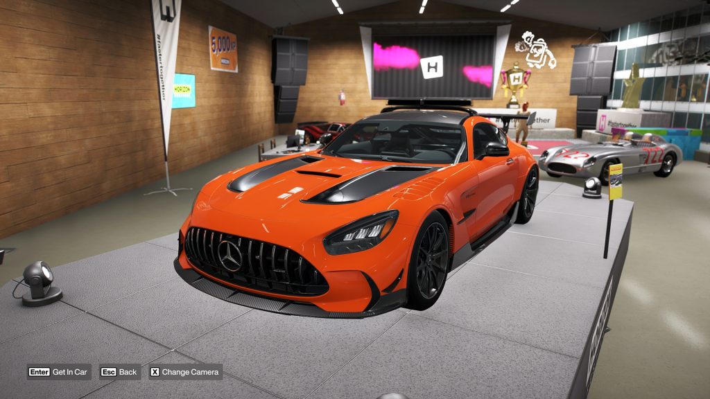 Forza Horizon 6 garage display featuring the Welcome Pack DLC version of the Mercedes-AMG GT Black Series car.