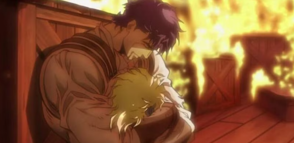 Jonathan Joestar is shown holding the severed head of his nemesis, Dio Brando, while aboard a burning ship.