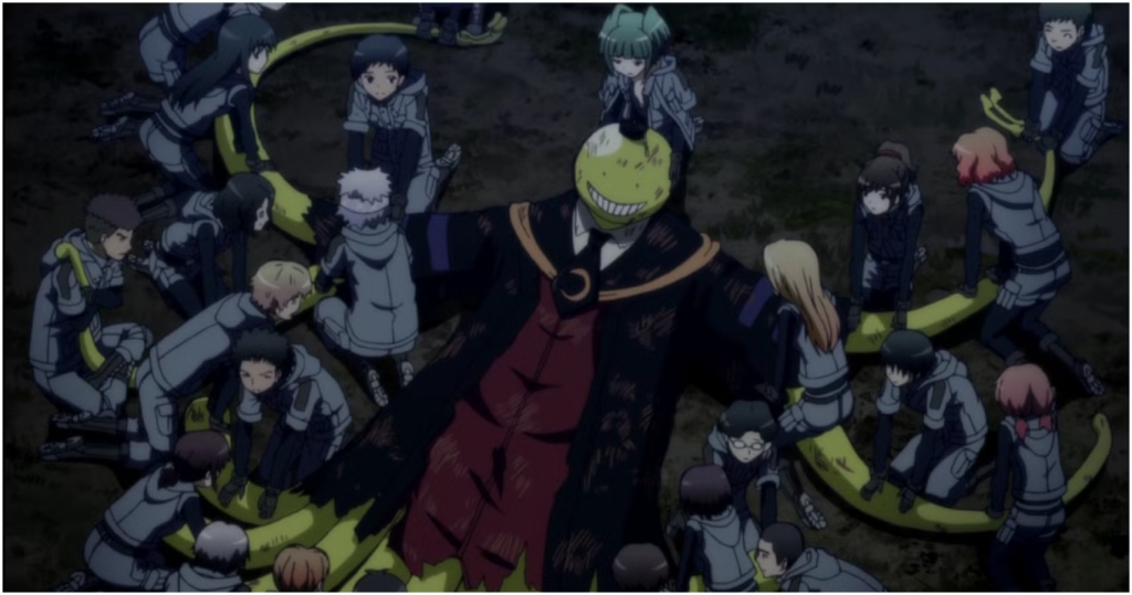 Koro-sensei, a powerful tentacled creature who teaches a class of misfit students.