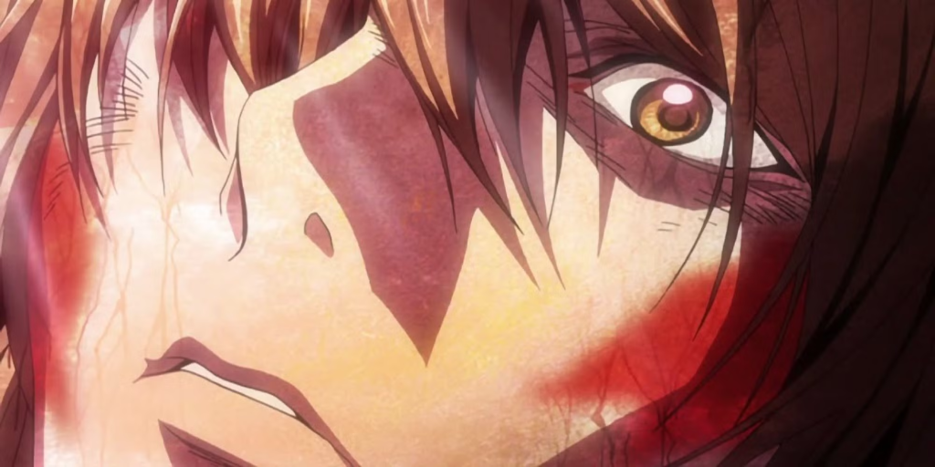 Light dying after being shot multiple times and subsequently having his name written in the Death Note by the Shinigami Ryuk.