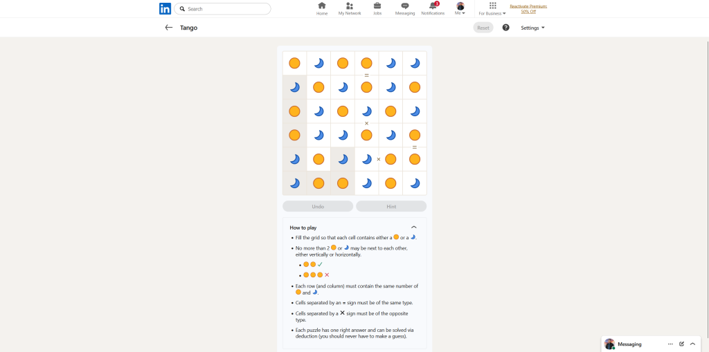 A screenshot of the daily LinkedIn Games puzzle.