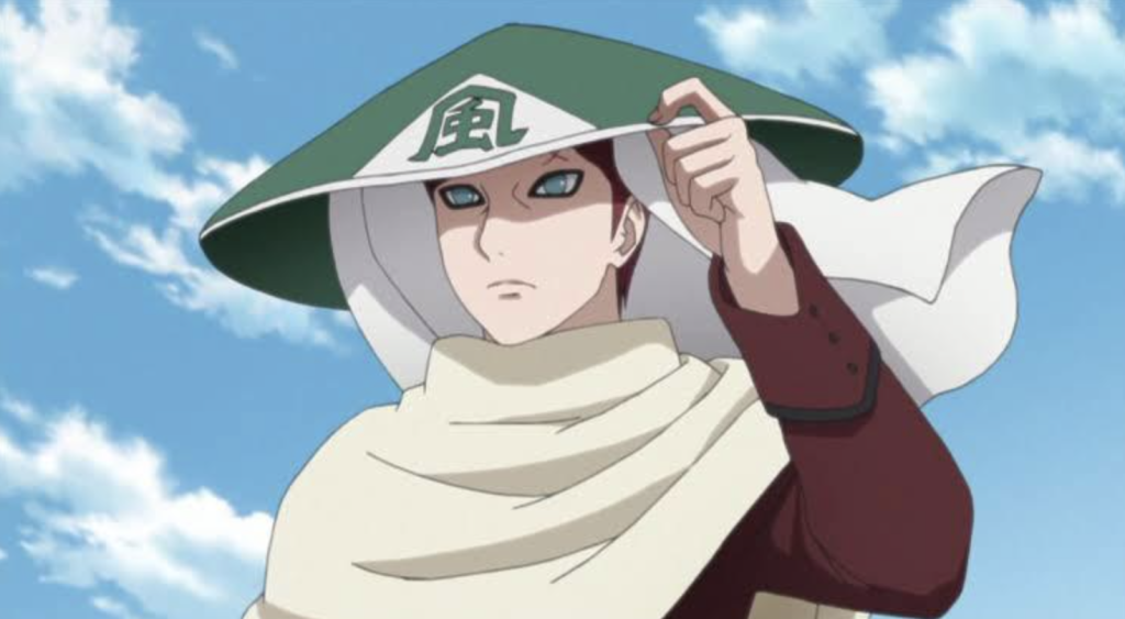 This image features the character Gaara from the Naruto series and he is depicted in his role as the Fifth Kazekage of Sunagakure, the Village Hidden in the Sand