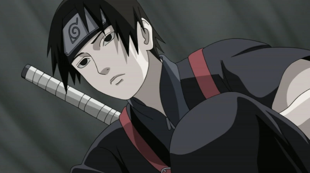 This image features the character Sai Yamanaka from the anime series Naruto Shippuden and he is depicted wearing his signature black outfit with red straps, typical of his time as a member of the Root ANBU division
