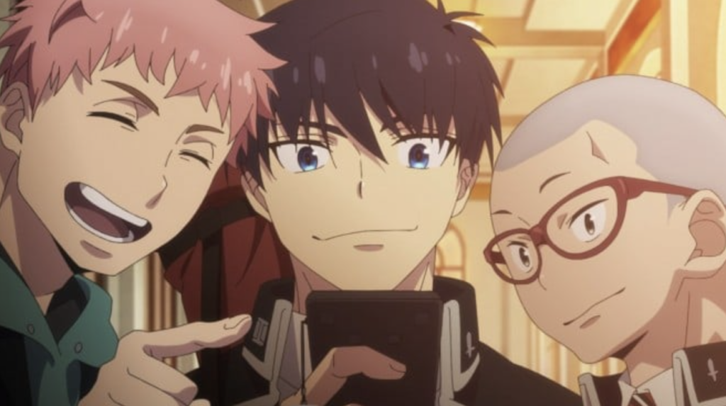 This is a scene from the anime series Blue Exorcist and he characters shown are Renzo Shima (right), Yukio Okumura (middle), and Rin Okumura (left)