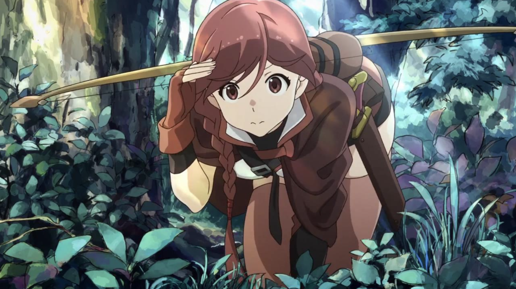 This image features the character Yume from the anime series Grimgar, Ashes and Illusions and Yume is depicted as the party's hunter, armed with a bow and traversing a dense forest environment