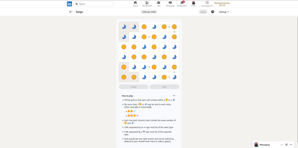 A screenshot of the daily LinkedIn Games puzzle.