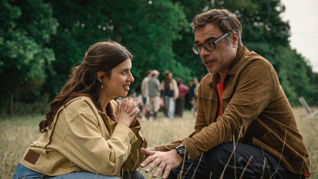 Alice and Steve Season 1 Ending Explained: Did Alice and Steve Survive the Fire? 1 Steve and Izzy in alice and stevecrouch together in a grassy field, engaged in an intimate conversation while guests gather in the background.