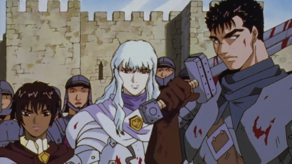 This image is from the 1997 anime adaptation of Berserk, a dark fantasy series based on the manga by Kentaro Miura and it depicts key members of the Band of the Hawk mercenary group, including Guts (right), Griffith (center), and Casca (left)