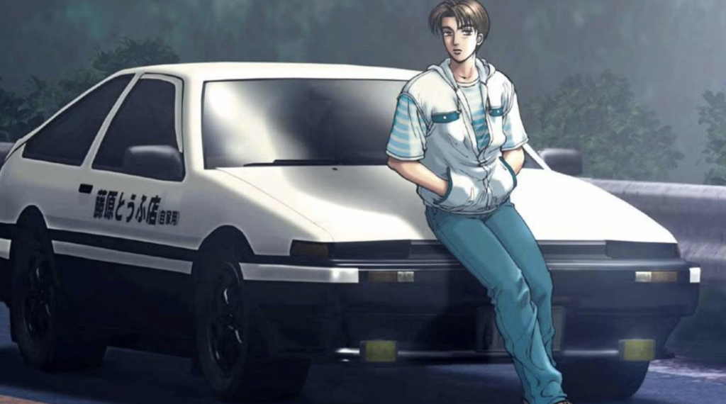 This image features the iconic Toyota Sprinter Trueno AE86 from the Initial D anime series, prominently displaying the Fujiwara Tofu Shop logo on the driver's door