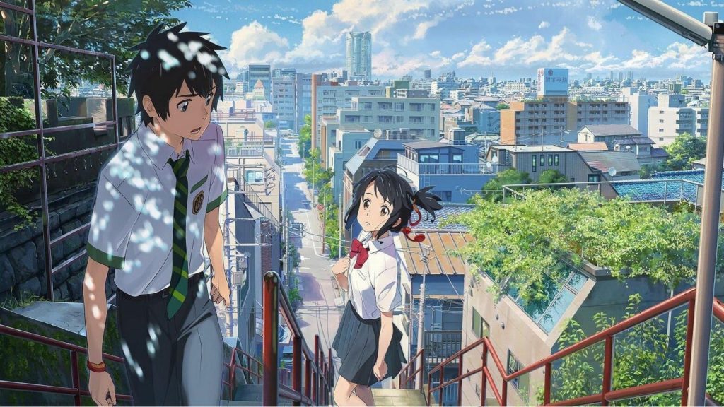 Taki and Mitsuha meeting on the iconic Suga Shrine stairs from Your Name.