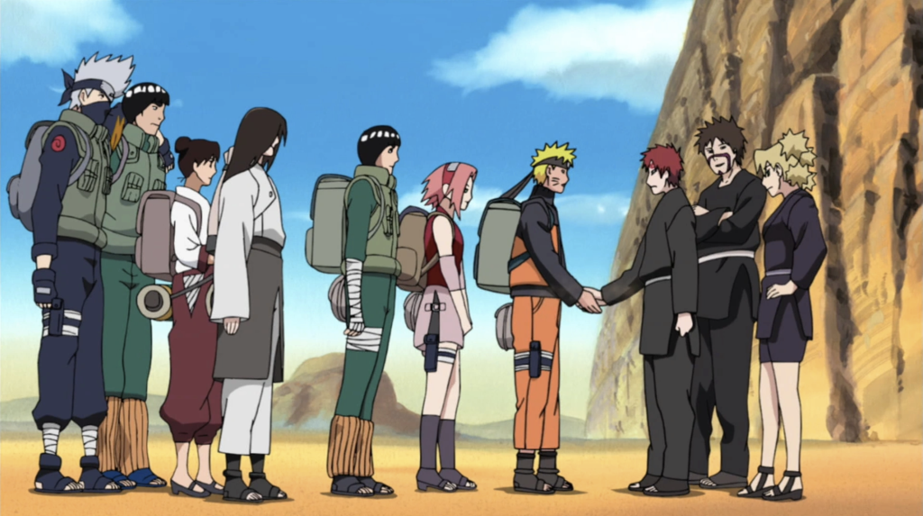This scene is from the Kazekage Rescue Mission arc in Naruto Shippuden and it depicts Team Kakashi and Team Guy bidding farewell to the Sand Siblings (Gaara, Temari, and Kankuro) after successfully rescuing Gaara
