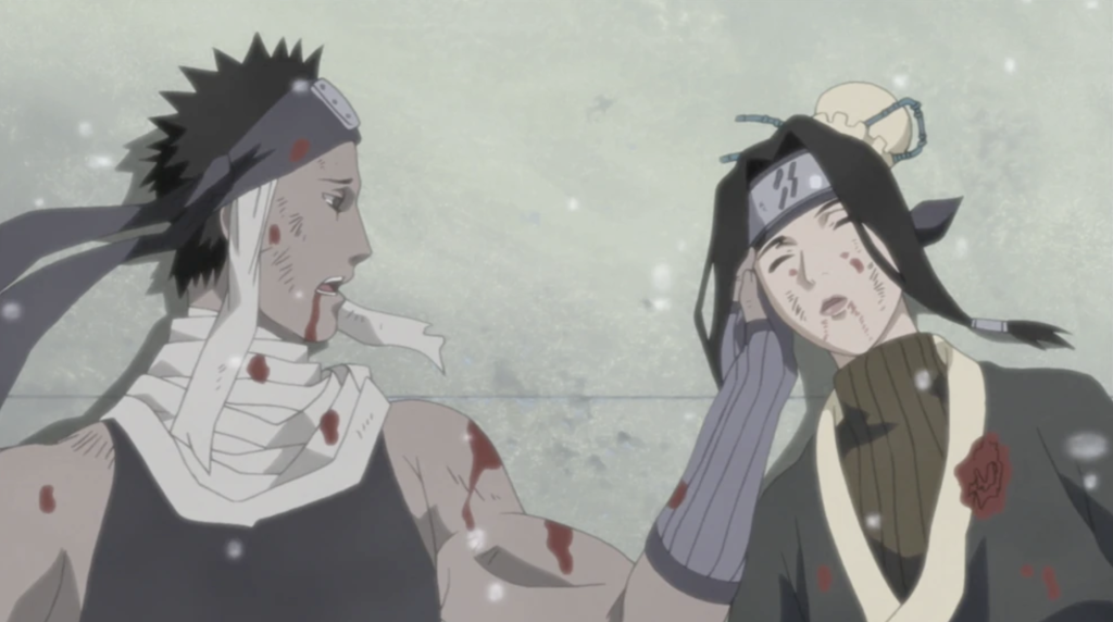 This emotional scene depicts the final moments of characters Zabuza Momochi and Haku from the anime Naruto during the Land of Waves arc