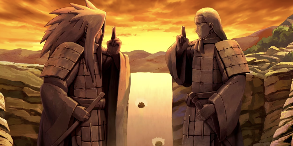 This image depicts the Valley of the End from the Naruto series, showcasing the monumental statues of Hashirama Senju and Madara Uchiha