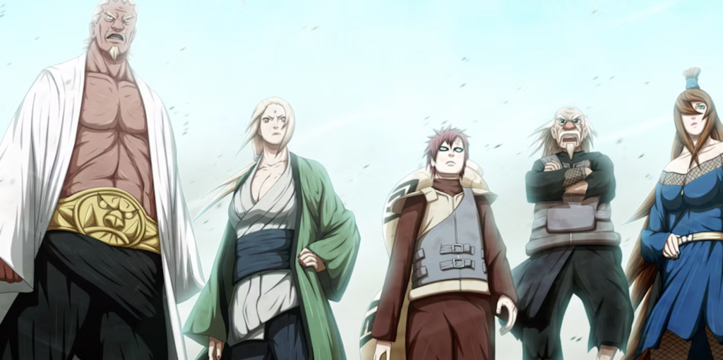  Shippūden series and from left to right, the characters are A (Fourth Raikage), Tsunade (Fifth Hokage), Gaara (Fifth Kazekage), Ōnoki (Third Tsuchikage), and Mei Terumī (Fifth Mizukage)