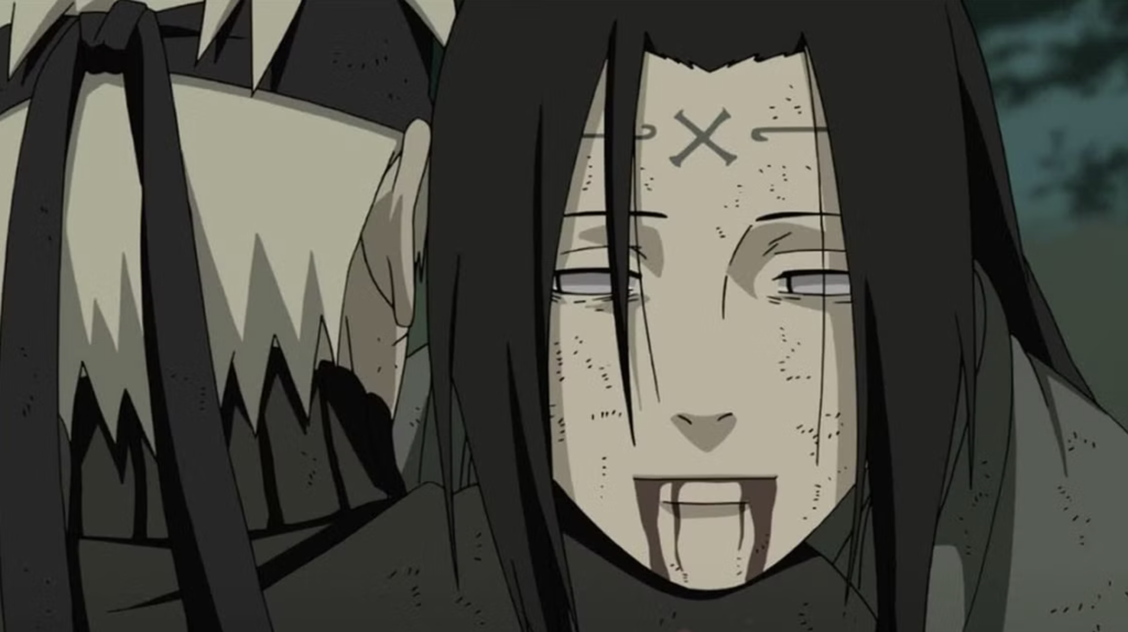 This image depicts the death of Neji Hyuga from Naruto Shippuden.He dies in episode 364 during the Fourth Shinobi World War. Neji sacrifices himself to protect Naruto Uzumaki and Hinata Hyuga from a fatal attack and the mark on his forehead is the cursed seal of the Hyuga clan's branch house