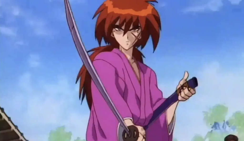 This image features the character Himura Kenshin from the anime series Rurouni Kenshin and in this scene, Kenshin prepares to fight "sword police bullies" to save Yahiko and others