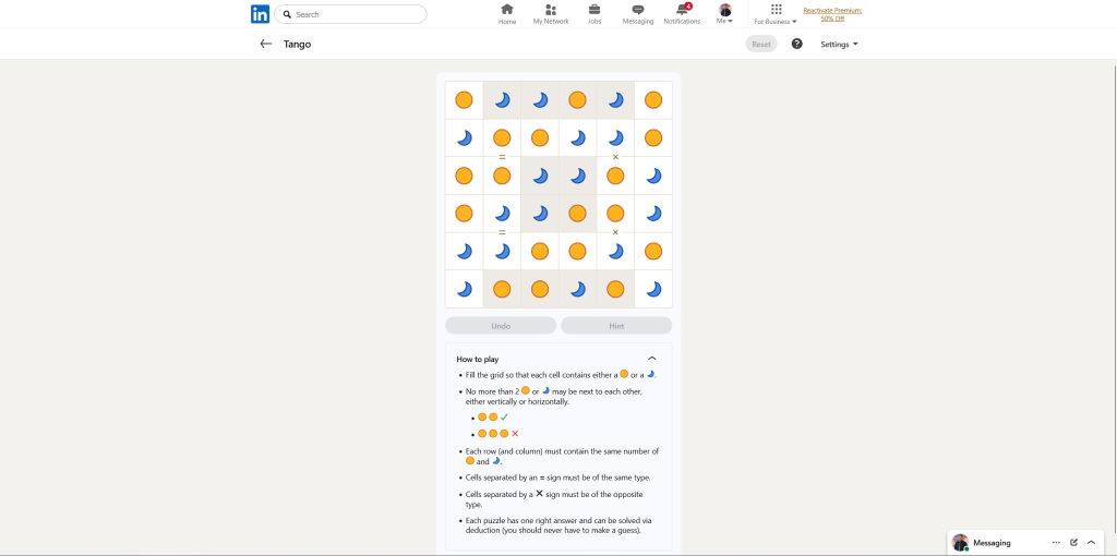 A screenshot of the daily LinkedIn Games puzzle.
