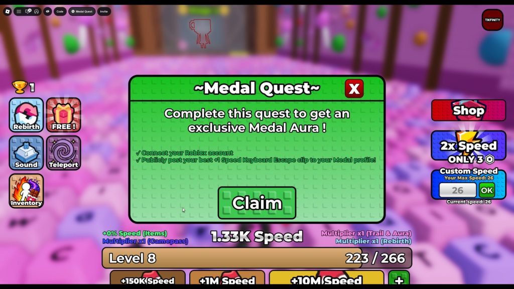 +1 Speed Keyboard Escape Medal Quest Reward