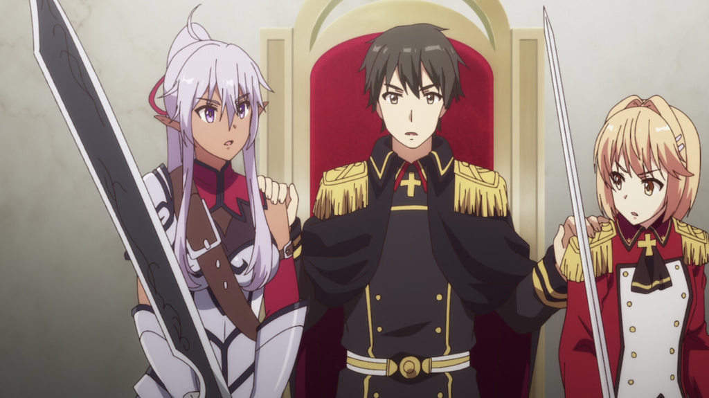 This image features characters from the anime How a Realist Hero Rebuilt the Kingdom and the main character, Kazuya Souma, is pictured in the center wearing a dark formal uniform. He is accompanied by Liscia Elfrieden, the princess of the kingdom, on the right
