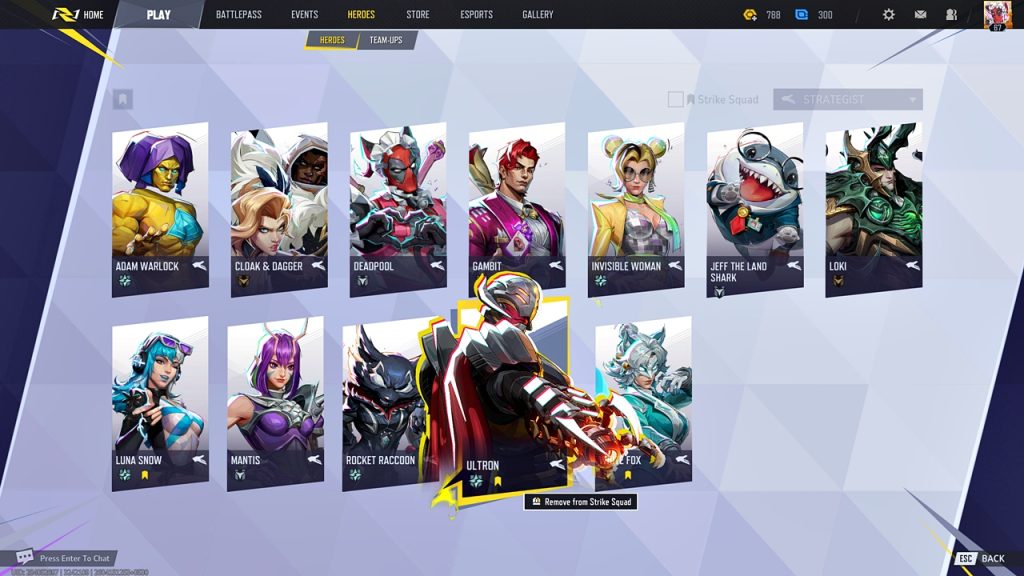 Marvel Rivals in-game screenshot showing the Strategist heroes lineup.
