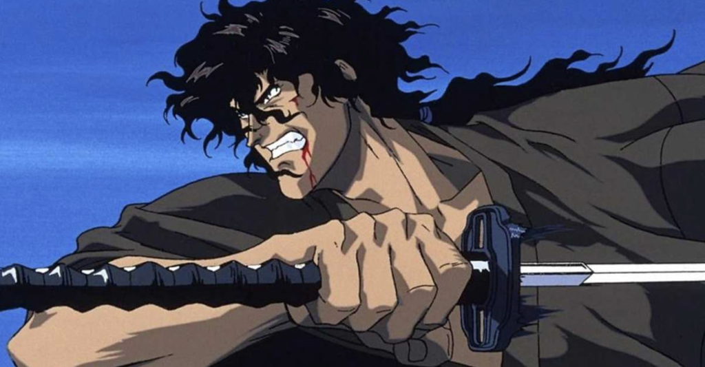 This image features the character Jubei Kibagami from the 1993 anime film Ninja Scroll and he is depicted wielding his signature katana while bleeding from a mouth injury