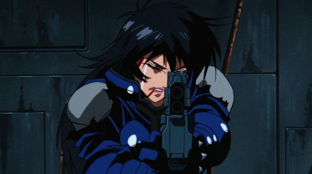 This image features the main protagonist, Angel, from the 1989 cyberpunk anime series Angel Cop